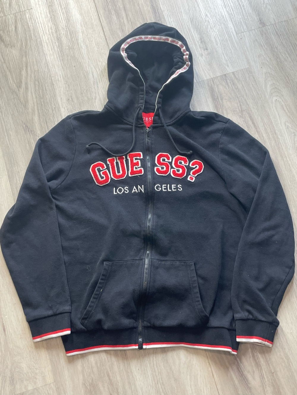 Guess Black Hooded Zip Jacket with Red Logo Trim